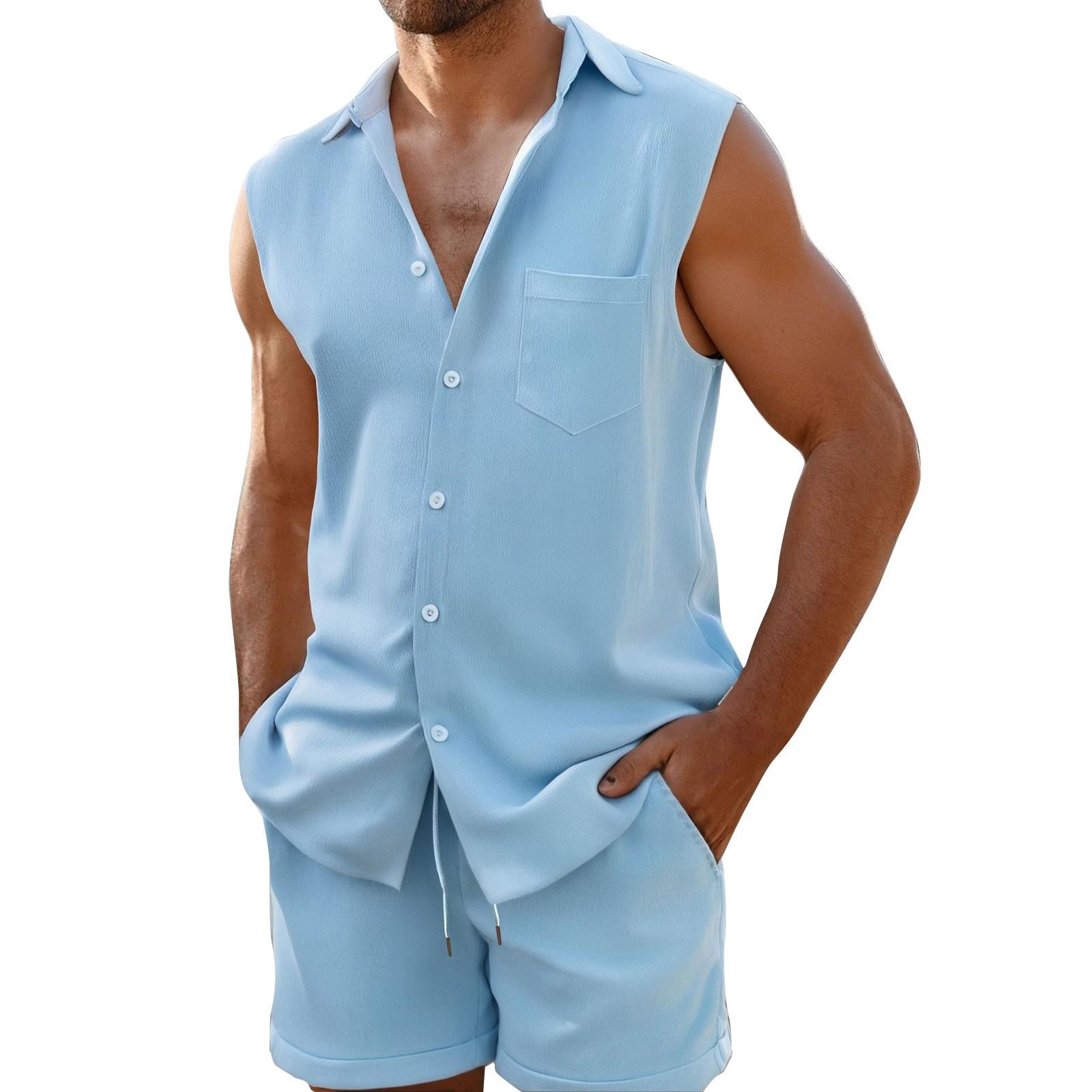 

Men s Summer Solid Color Breathable Loose Button Sleeveless Shirt Shorts Set M