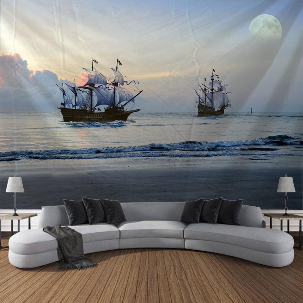 Navigation Landschaft Wandteppich Retro Piratenschiff Kunst Wandbehang Fantasy Bohmische Ästhetik Dekoration Raum Kunst Wanddekoration
