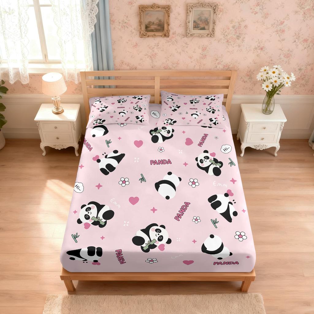 3pcs Cartoon Panda Pink Printed Coreless Bed Sheet Set, Multi Size Comfortable Bed Cover, Bedroom Bedding Decoration