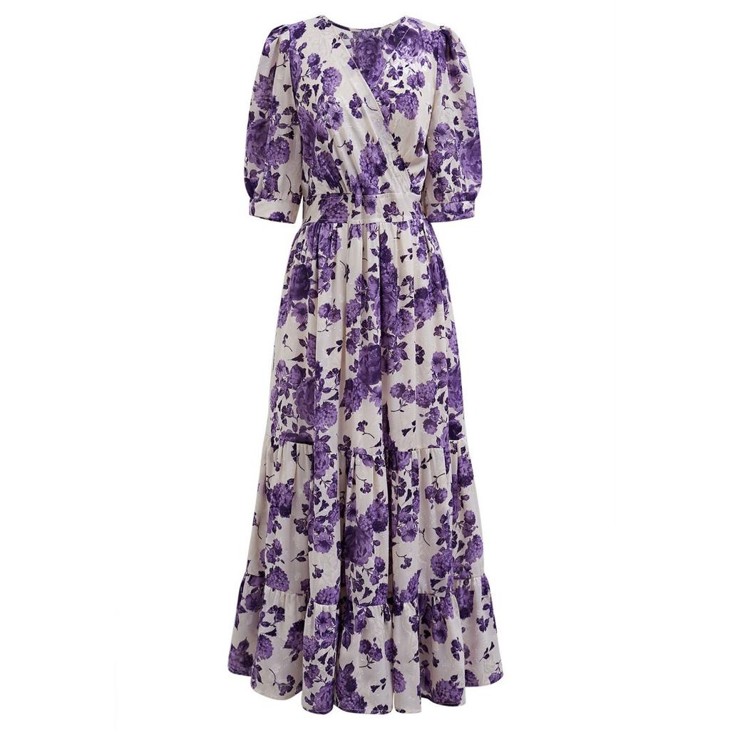 New Spring Summer Women's French Style Floral Print V-Neck Waist Cinched Dress for European and American