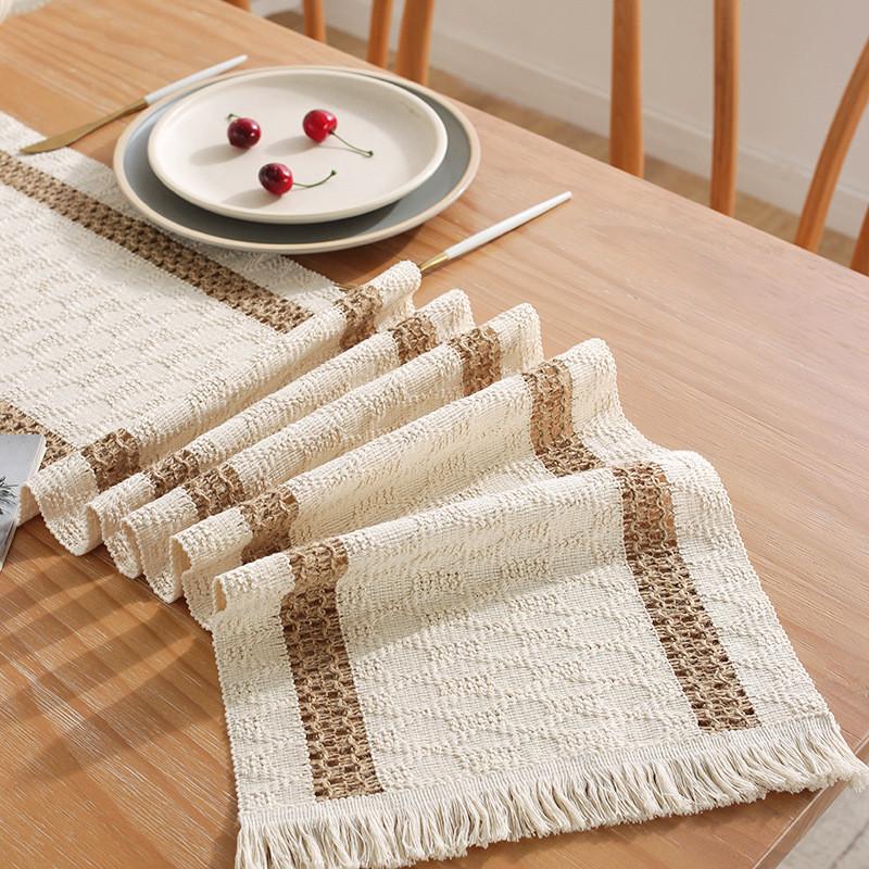 Nordic Minimalist Cotton Linen Table Runner With Tassels For Dining Room Decor