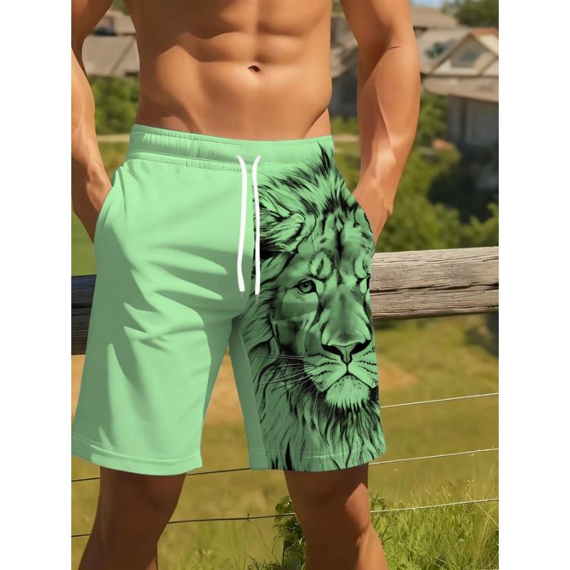 Men'S Summer Beach Shorts with 3D Lion Print, Drawstring Waist And Compression Lining - Perfect for Pool Parties And Vacations