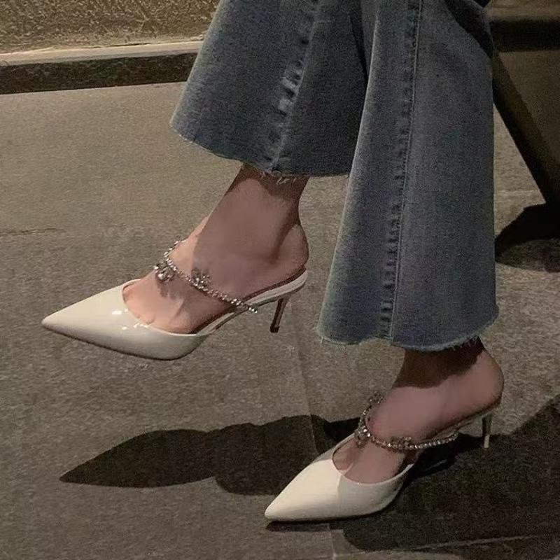 Baotou Slippers Fashion Pointed Toe Light Mouth Patent Leather Waterproof Rhinestone Strap Non-Slip High Heels 34
