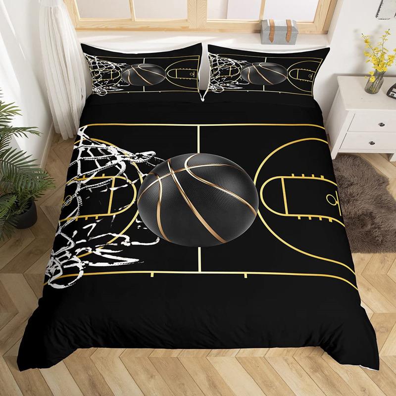Set Copripiumino Basket Nero Tema Sport di Palla 3D Set Biancheria da Letto Microfibra Campo da Basket Giochi Competitivi Copripiumino King