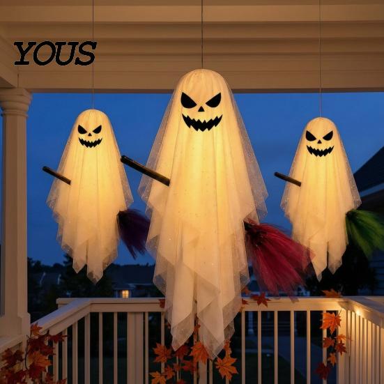 Seasonal Fabric Ghost Decor Halloween Lighted Hanging with Broom Decor, Flying Broomstick Ornaments Remote Decorative Yard Atmosphere Lights