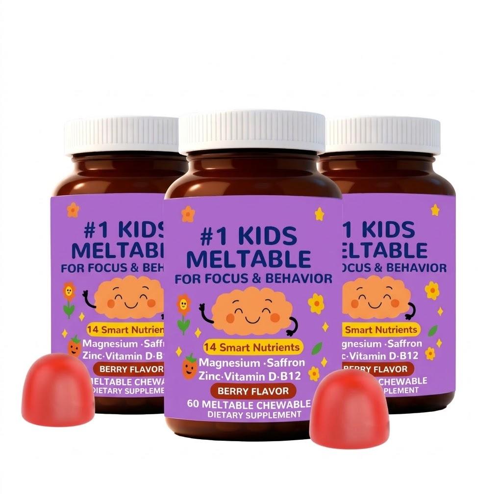 Kids Brain & Focus Supplement - Saffron, Magnesium, L-Theanine - Berry 60s