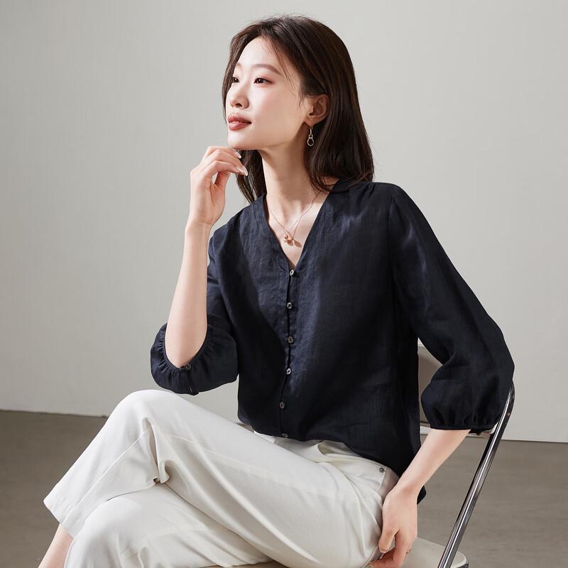 SOFSIL 2026 Spring French Style V-Neck Seven-Sleeve Blouse