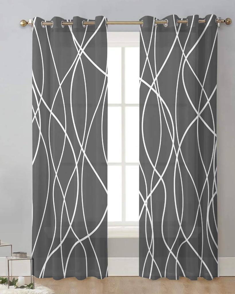 Verdrehte Linien Moderne Kunst Grau Gardinen Hause Fenster Dekorationen Voile Tüll Vorhänge Für Wohnzimmer Schlafzimmer Küche