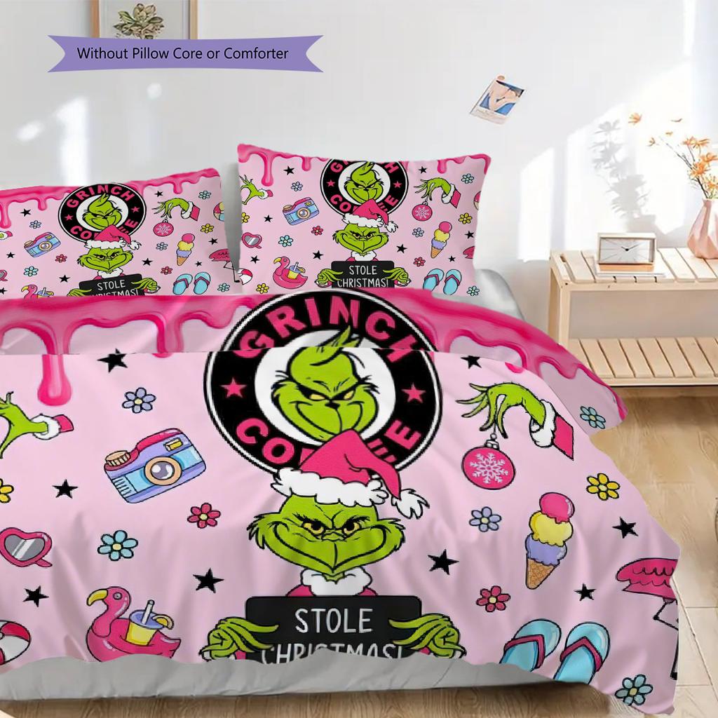 1 ST Grinch patroon Beddengoed Dekbed Set Dekbedovertrek Kussensloop Huisdecoratie Verjaardagscadeau (1 dekbedovertrek + 2 kussenslopen, zonder binnenkussen)