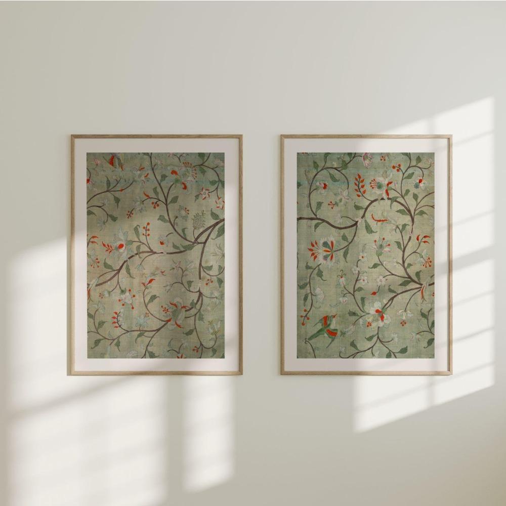 2pcs Frameless Medieval Textile Prints, Antique Bird Wall Art, Green Poster Wallpaper Art, Living Room Bedroom Wall Decoration