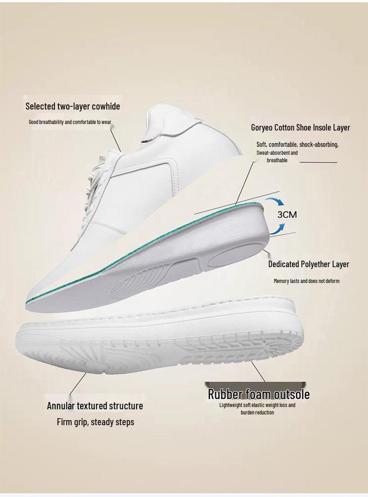 Men's Autumn White Cowhide Sneakers: New Fashion, Thick Sole, Hidden Height Boost, Breathable Round Toe Sports Design
