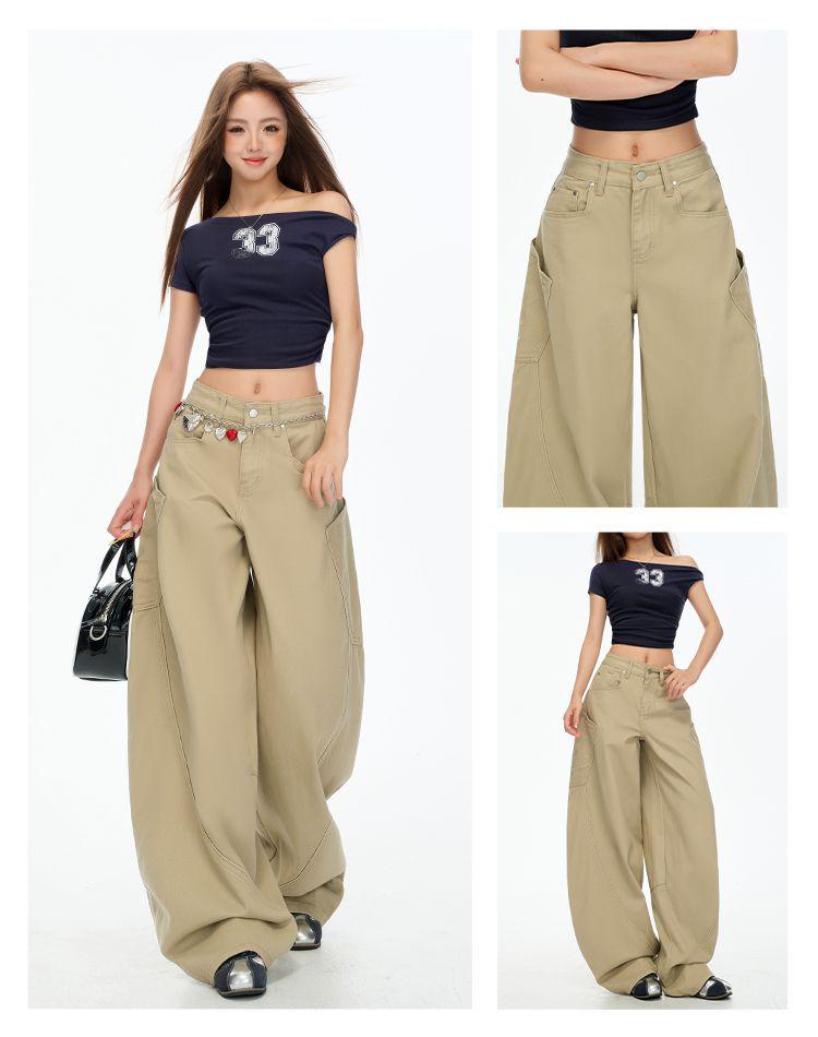 Army Green Retro Wide-Leg Scimitar Jeans with Large Pockets for Women - Summer/Autumn 2025 Collection