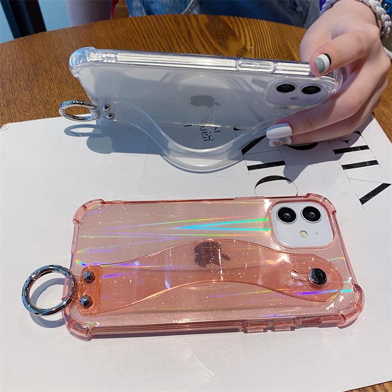 Shockproof Transparent Wrist Strap Laser Case For Iphone 14 13 12 Pro Max Xr Xs Max 13 14pro Max Clear Phone Holder Back Cover