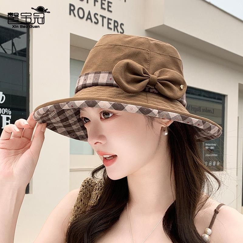 Spring/Summer - Protective Hat for Women, Korean-Style Fashionable Color-Block Plaid Bucket Hat, Outdoor Travel Wide-Brim