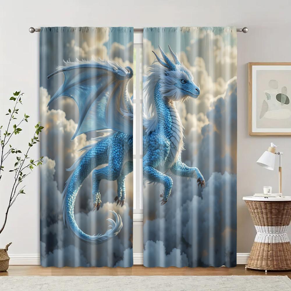 

2 pcs, filtering curtains (excluding rods, non-movable, without batteries) Blue Cloud Dragon (2) for use in bedrooms and living 29x65in(75x166cm)