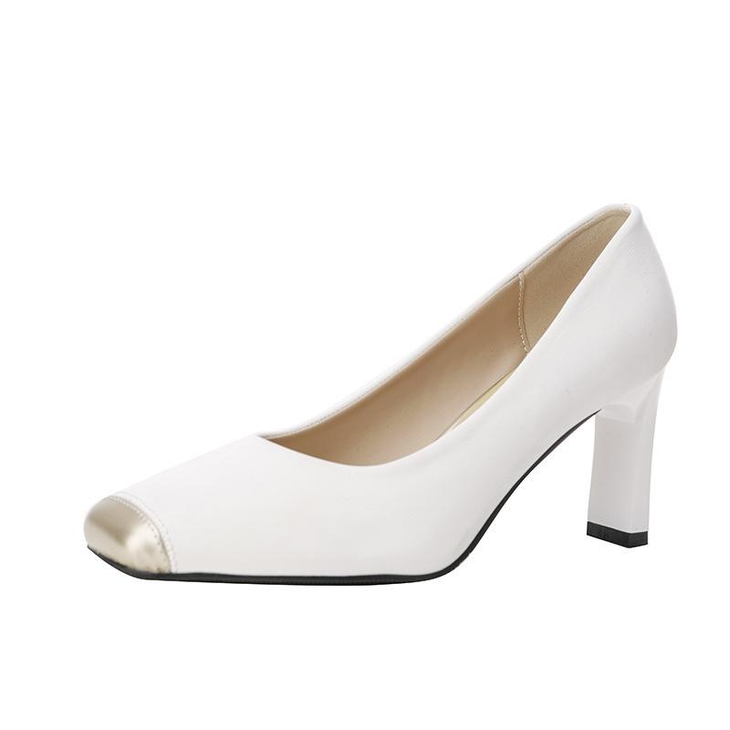 

Модные французские туфли на высоком каблуке с квадратной головкой, женские, лето 2025, новые толстые каблуки, светлый рот, цвет, соответствующий темпераменту, универсальные серые одинарные туфли 34 белый