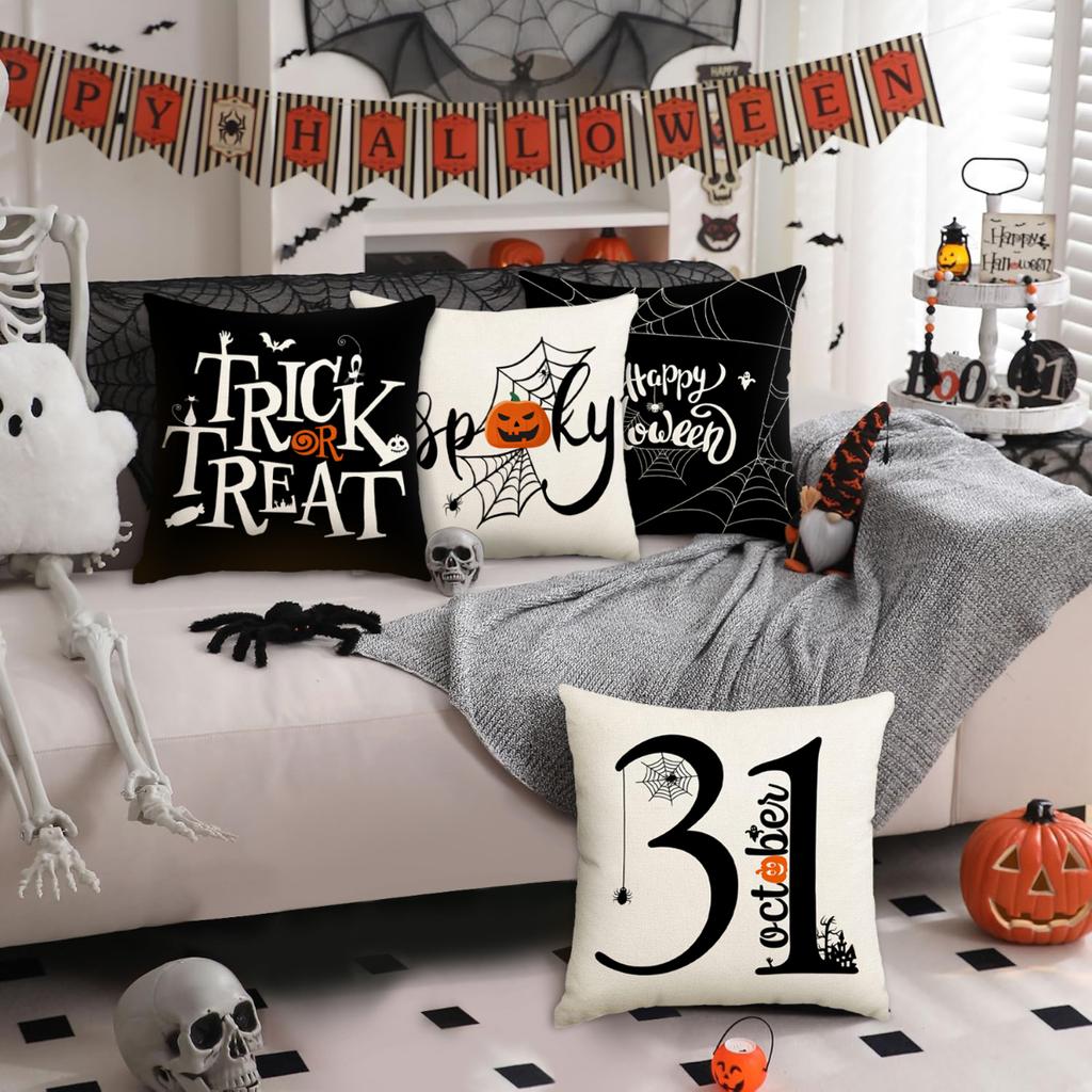 1Pc/4Pcs Halloween Pillow Cover, Trick Or Treat Decorative Pillow Cover, Black Spider Web, Pumpkin Head, Ghost Cushion Cover