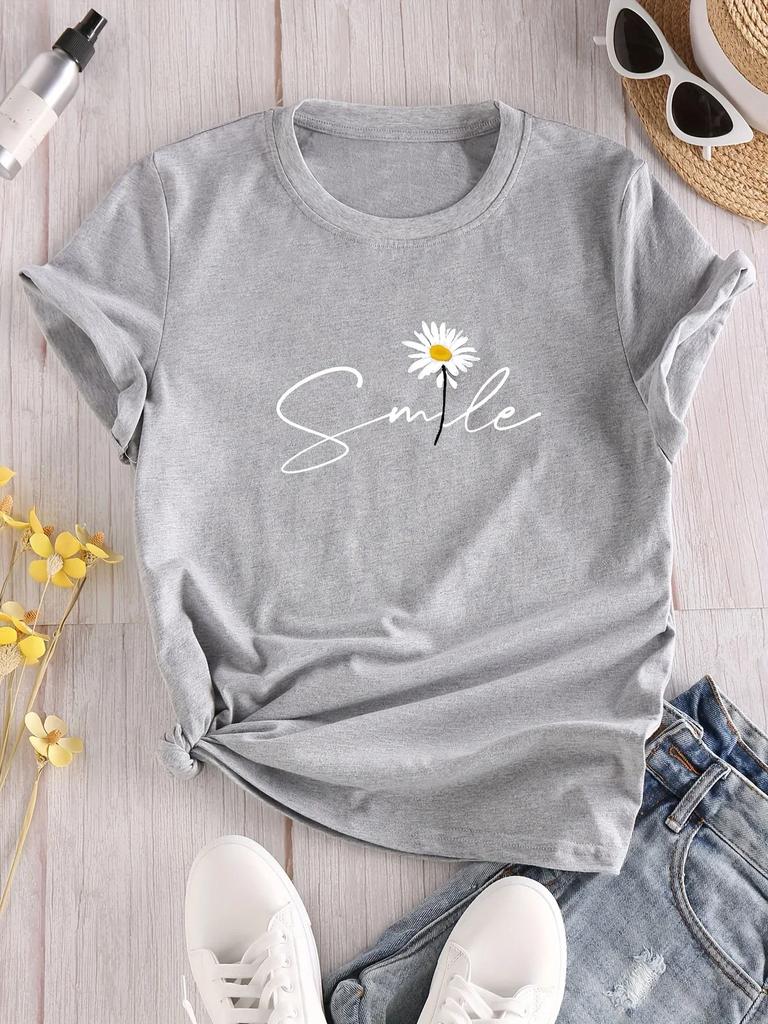 Daisy Flower & Letter Print Crew Neck T-Shirt Casual Short Sleeve T-Shirt for Summer Women's Clothing Comfortable Creative Tops