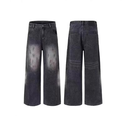 Unisex Distressed Wide Leg Straight Jeans Men Women Mid-Rise Relaxed Fit Cotton Denim Pants Washed Vintage Style