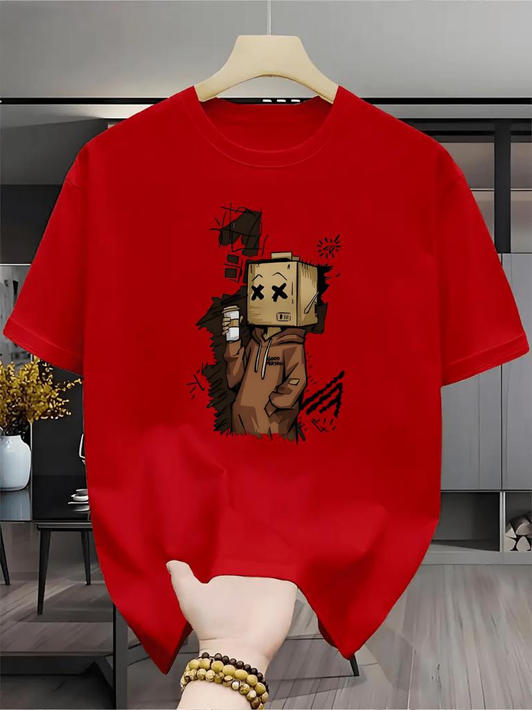 Summer Unisexs 100 pure cotton casual fashion cartoon cardboard box print loose sports round neck short sleeved Tshirt