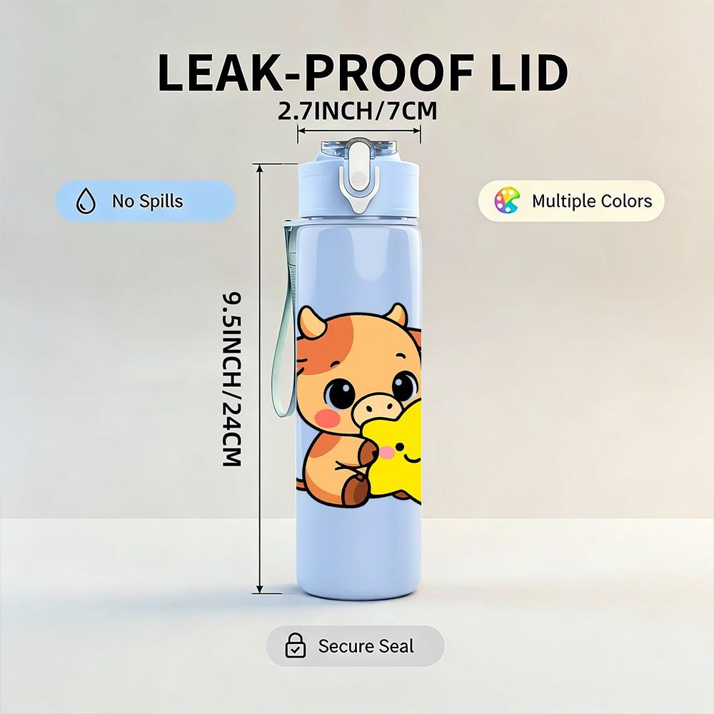 1PC Cow Cartoon Pattern 750ml Color Plastic Sports Water Bottle Leakproof Flip Straw Lid Suitable for Sports Office Home Use