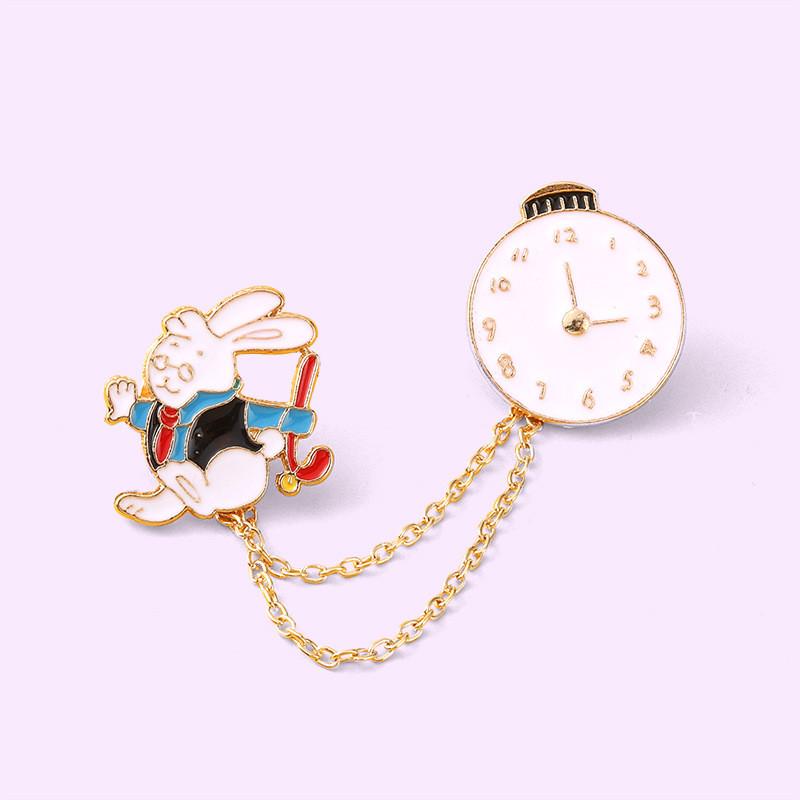 Adorable Rabbit Clock Design Badge Creative Cartoon Cute Rabbit Brooch Pin Wholesale