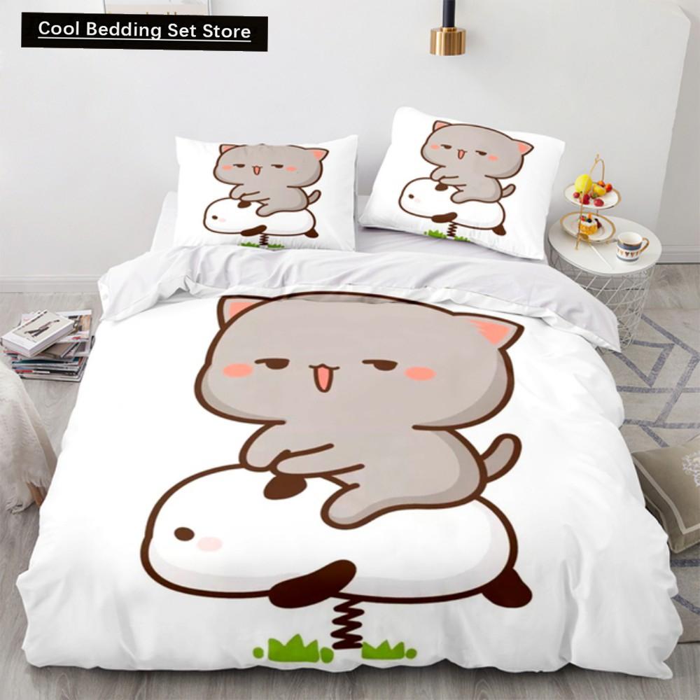 Lovely Peach Cat Bedding Set Cartoon Comforter Sets Double Queen King Twin Full Size Duvet Cover Set Kids Girls White Bed Linen