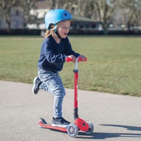 GLOBBER Primo Foldable Kick Scooter with Flashing Foot Perfect for Outdoor Kick Red Lights, 3-Wheel Brake, Play, Kids' Ride-On Scooter, (WLGB432102)