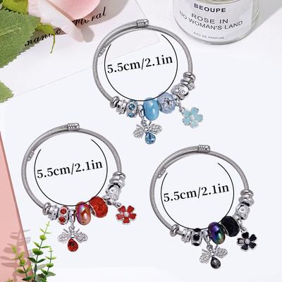 Bee And Flower Beaded Bracelet With Windmill Crystal Charm Adjustable Stainless Steel Bangle For Women Gift