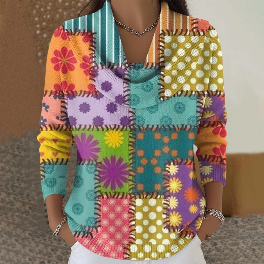 Dámský ležérní a módní svetr s dlouhým rukávem a potiskem, kulatým výstřihem