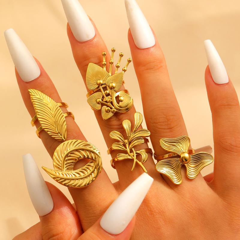 Stainless Steel Flower Irregular Adjustable Rings for Women Fashion Metal Textured Leaf Index Finger Ring Luxury Jewelry
