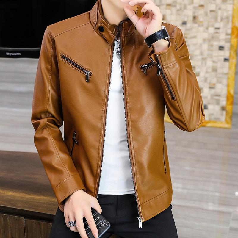 Herbst und Winter Neue Herren Lederjacke mit Plüsch-Trend und modischer Slim Fit Jugendtrend PU Lederjacke Herrenmantel