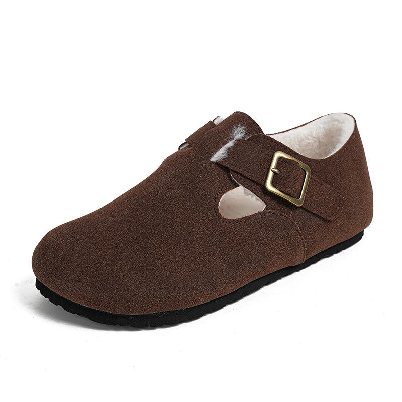 Grape mother winter velvet warm thick-soled big-headed shoes integrated leather single shoes one pedal fluffy shoes women's Boken shoes