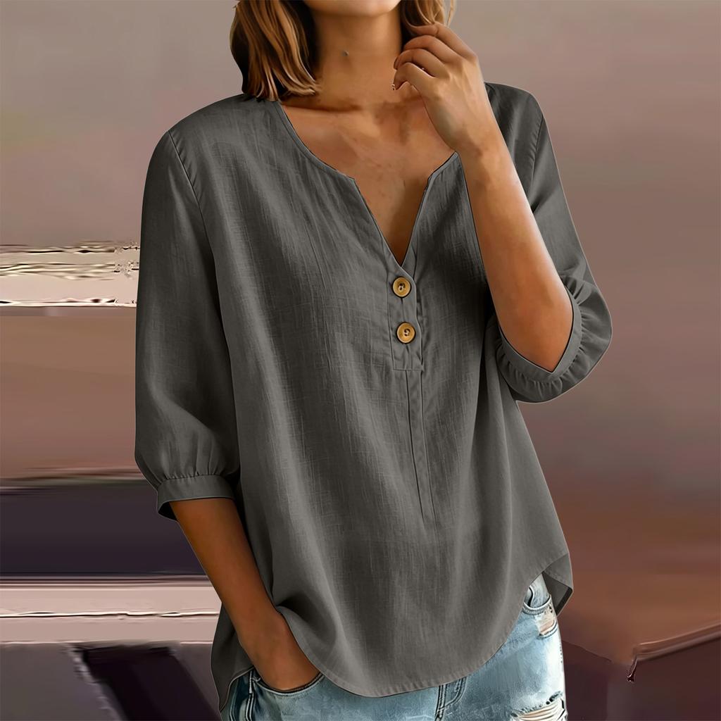 Women's Casual Linen Blend Henley Button Neck Shirt Three Quarter Sleeve Lightweight Loose Fit Top for Everyday Wear