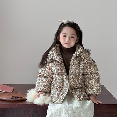 Girls Winter Thickened Warm Down Jacket Sports Hooded Floral Jacket