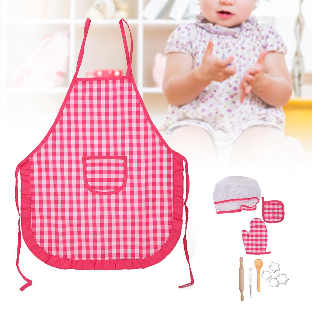 DIY Kid Cooking Baking Set Kitchen Role Play Apron Children Cooking Toys GiftRed Plaid Kitchen Baking Set 11pcs