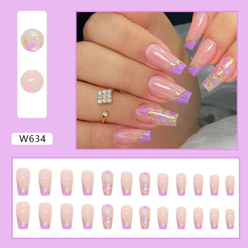 Simple gold foil purple white simple French flash nail piece wear nail practice special fake nail