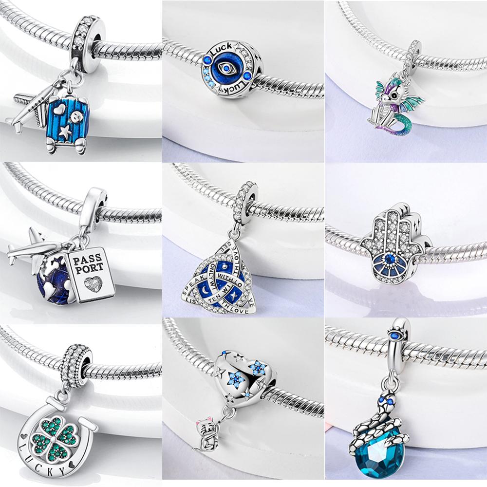 Mula Koppar Blå Resa Flygplan Berlocker Hänge Pärlor Passar Originalpan Armband Smycken För Kvinnor Diy Gåva