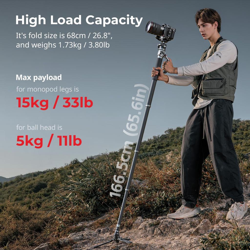 SmallRig Camera Carbon Compact Camera Folds Down To Weight Height Maximum Load Capacity Ball 5564 166.5cm Monopod, Fiber, Monopod, 68cm, 1.72kg,