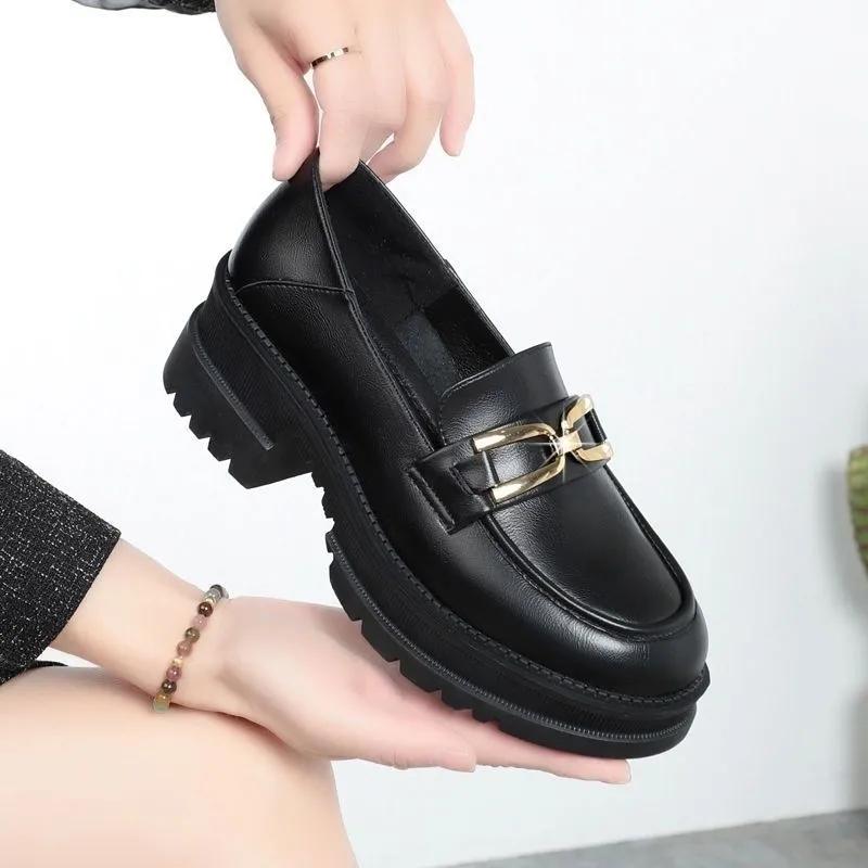 Weiches Leder Einzelne Schuhe Damen Frühling und Herbst Slipper Damen Mittelhoch Absatz Dickabsatz Dicksohlige Kleine Lederschuhe