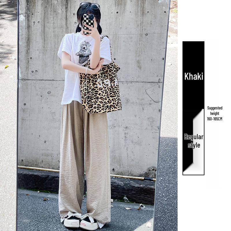 Women's Summer 2024 Ice Silk Wide-Leg Pants - White Textured Casual Petite Style