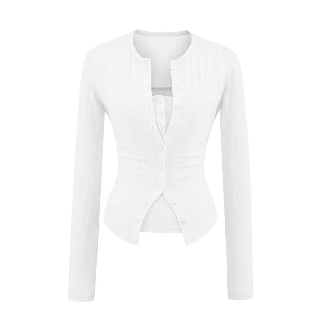 American Style Women's Waist-Cinched Button-Down Cardigan Vest and T-Shirt Two-Piece Set