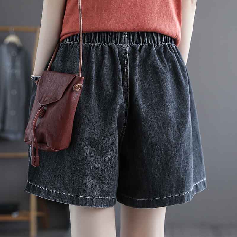 Summer Plus Size Denim Shorts Women's Big Pockets Loose and Thin All-match Wide-leg Pants Elastic Waist Shorts