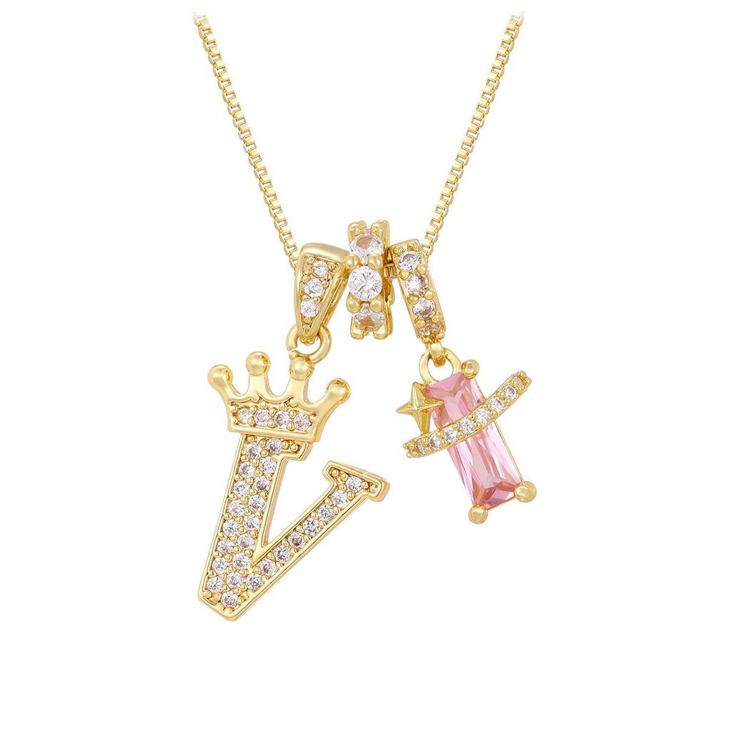 Copper Zirconia Letter Necklace with Gold-Plated Crown Pendant – Fashionable 26-Letter Accessory