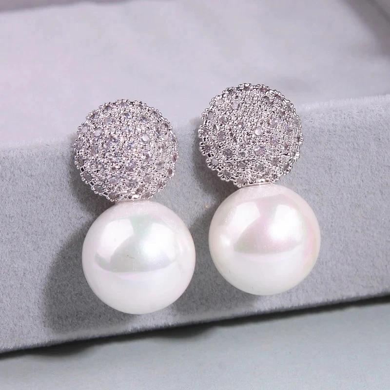 Huitan Temperament Women's Imitation Pearl Earrings with Bling Bling CZ Silver Color Statement Earrings Party Fashion
