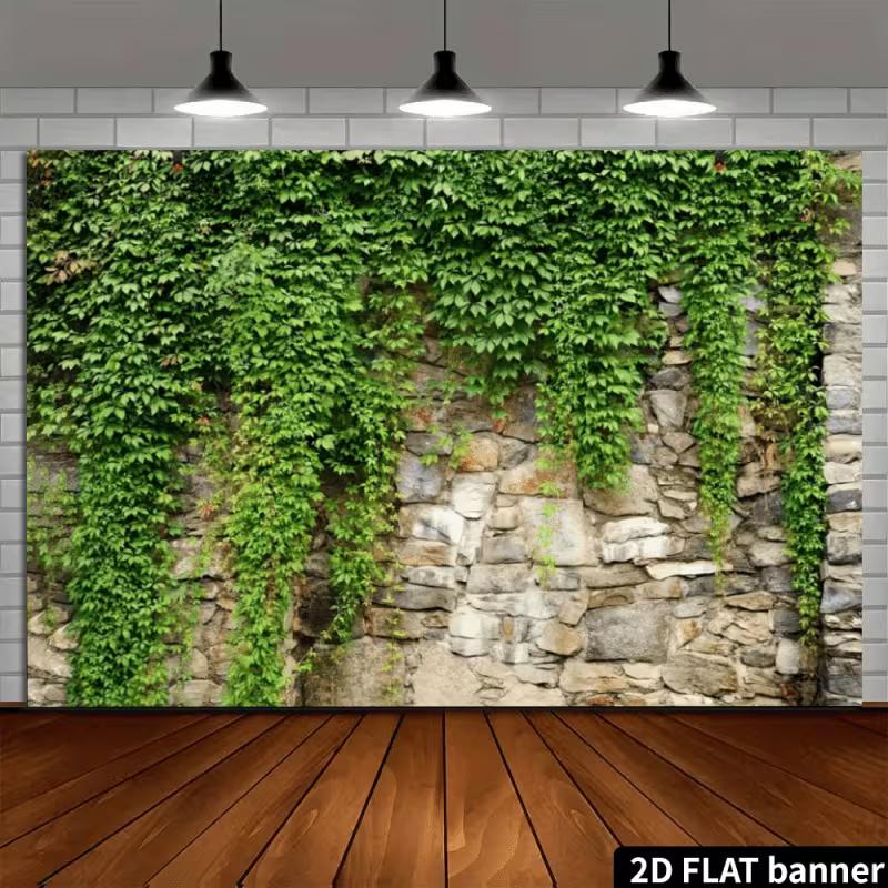 2D Natural Ivy Covered Stone Wall Backdrop Outdoor Greenery Photo Background