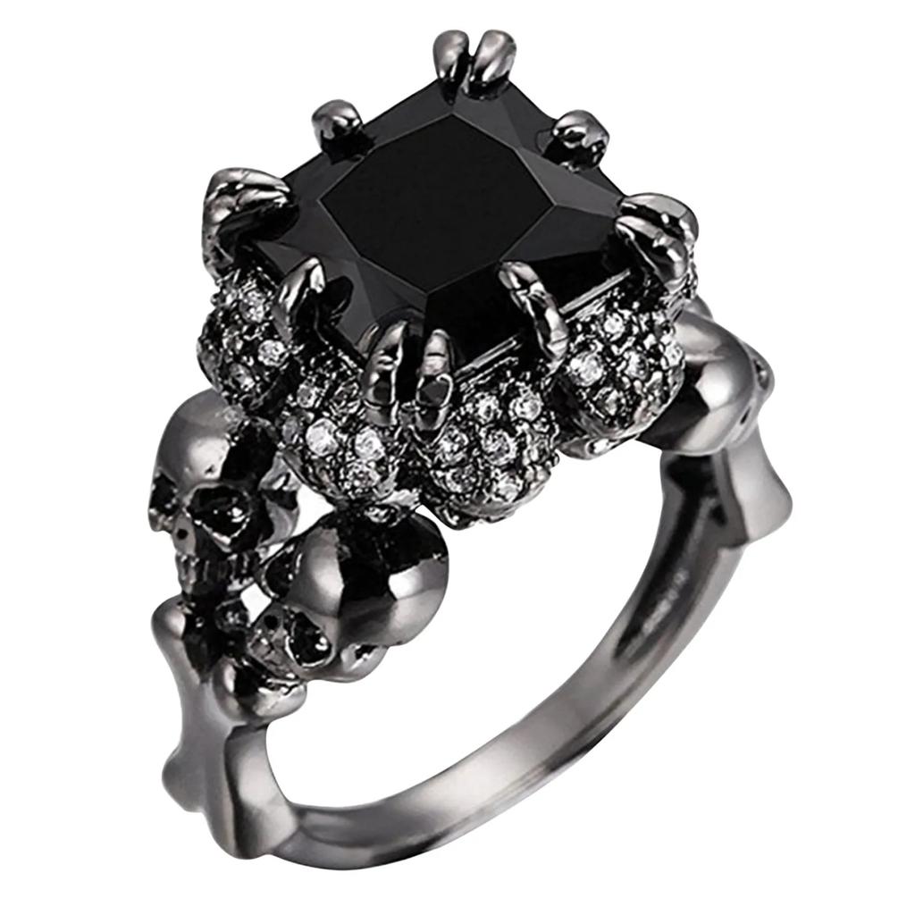 Personality Punk Skull Retro Gothic Style Rings for Wmen Men Halloween Black Zircon Jewellry Women' Black Simple Ring Accession