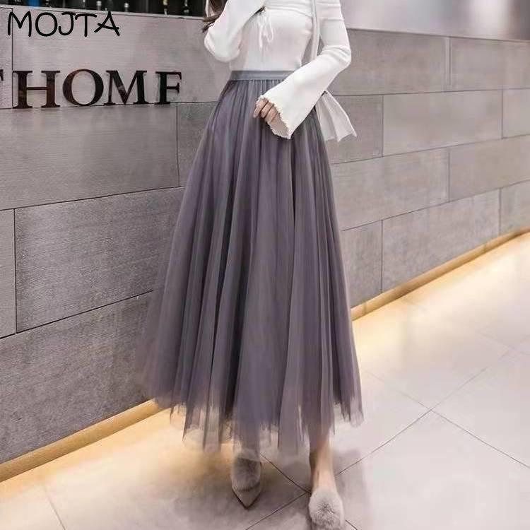 MOJTA Mesh Half Length Skirt Women High Waist Pleated Skirt