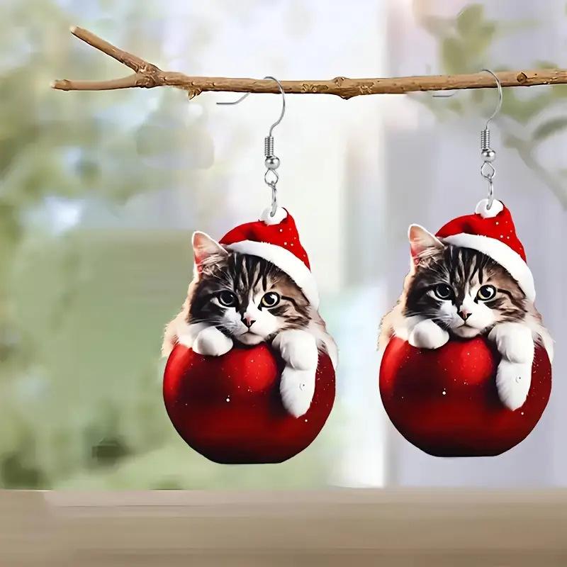 Cross-border New Christmas Hat Cat Earrings Flat Acrylic Christmas Ball Decoration Festive Kitten Necklace Jewelry