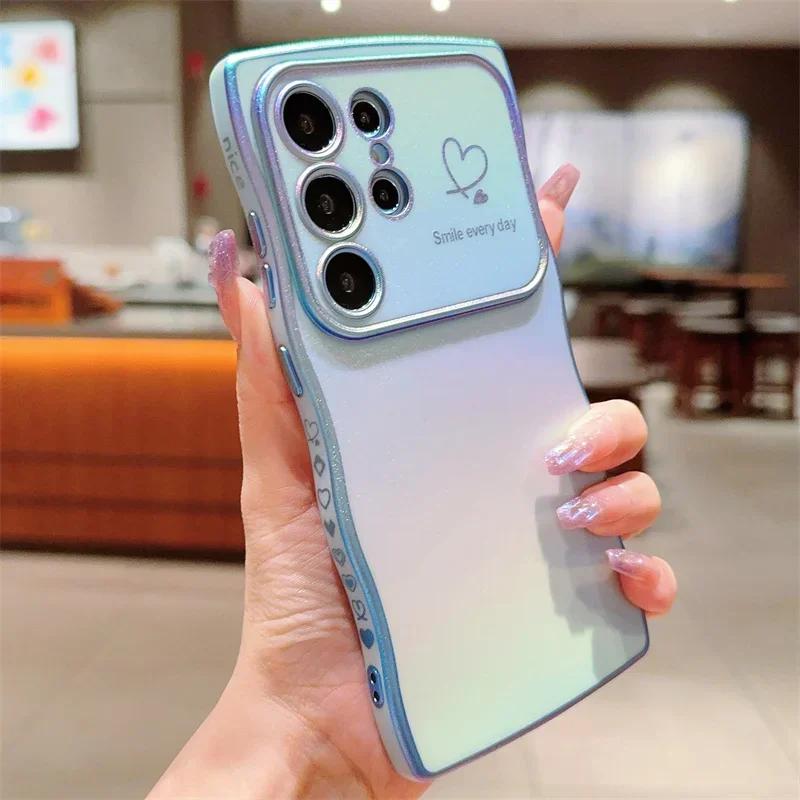 Colorful Love Heart Case For Samsung Galaxy S25 S24 S23 FE S22 Plus Ultra Shockproof Soft TPU Electroplated Wave Back Cover